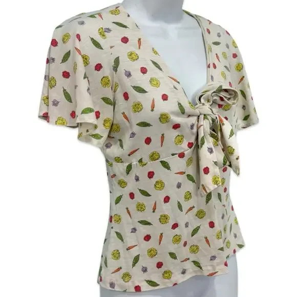 Vintage Tie Front Ivory Vegetable Print Carrot Tomato Peas Lettuce Tee size S - Picture 3 of 10